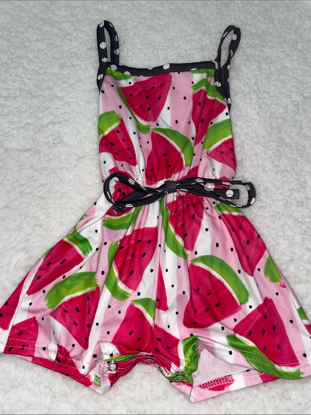 Pink Watermelon Print Romper with Polka Dot Trim